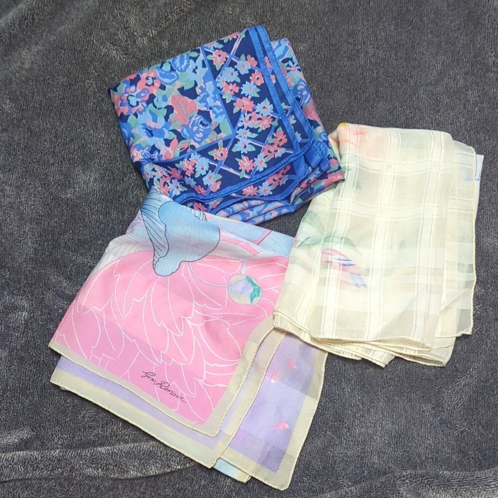 3 designer luxury scarves. Gim Renoir, Capri Rose, watercolor